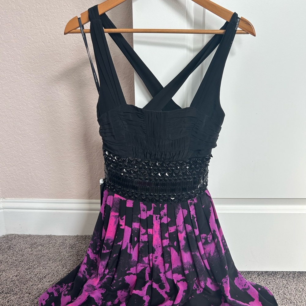 bebe Black and Magenta One-Shoulder Dress with Embellished Waist
